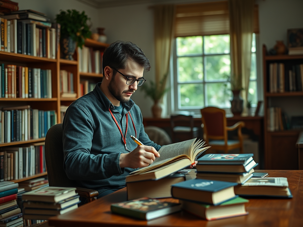 Человек в свитере читает книгу и делает заметки в уютной библиотеке среди книг.